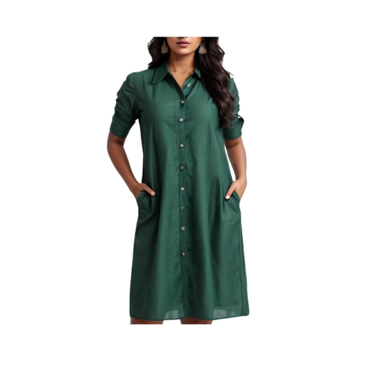 Cotton: Casual Elegance Collared Dress (Dark Green)