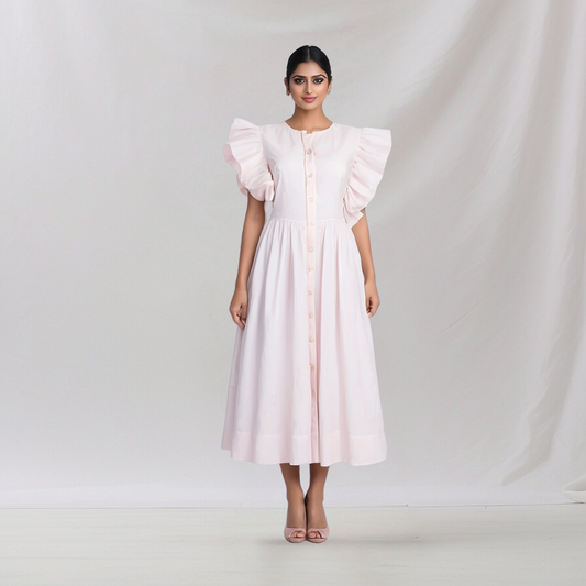 Cotton: Trendy Shoulder Frill  Dress (Cream) House of supr offers made to measure service. Give your measurements and get dress made as per your size, Sustuainable zero waste fashion