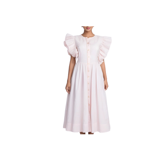 Cotton: Trendy Shoulder Frill  Dress (Cream)