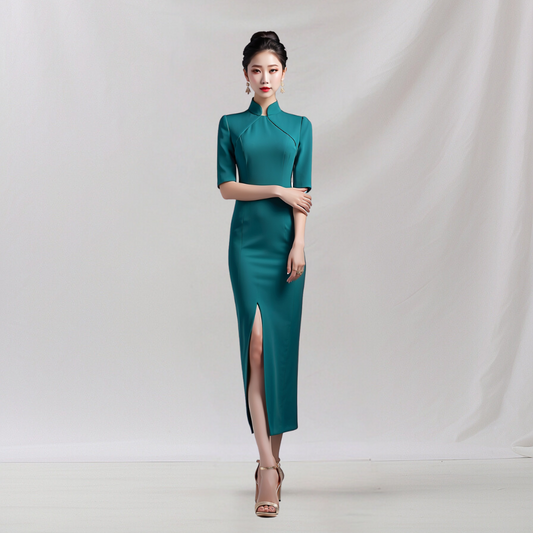 Satin: EastWest Melange Dress (Dark Green)  , cheongsam inspired dress , house of Supr, made to fit , custom made with your sizes, zero waste sustainable initiative