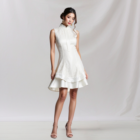 Satin: EastWest Melange Lace Dress (White)  , cheongsam inspired dress , house of Supr, made to fit , custom made with your sizes, zero waste sustainable initiative
