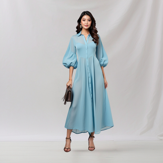 Chiffon: IndiFusion dress (Sky blue)  House of supr made to fit dress, customized, tailor made dress, make in your measurement, size, office wear, smart casual, casual dress in work office 