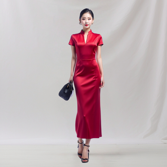 Satin: Zen Lotus inspired dress (Red) , cheongsam inspired dress , house of Supr, made to fit , custom made with your sizes, zero waste sustainable initiative