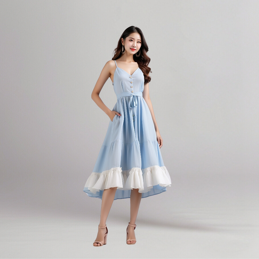 Cotton frill dress sky blue. House of Supr Made to Fit