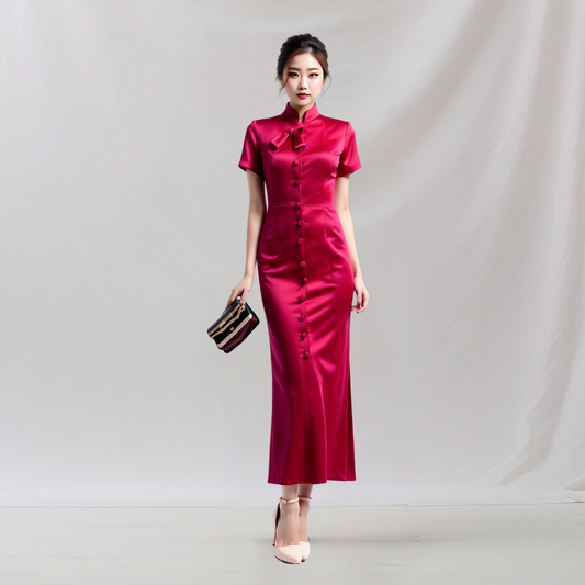 Satin: Zen Lotus dress with classic buttons (Red)   , cheongsam inspired dress , house of Supr, made to fit , custom made with your sizes, zero waste sustainable initiative