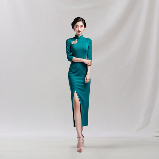 Satin: Forest Fern Dress (Green)  , cheongsam inspired dress , house of Supr, made to fit , custom made with your sizes, zero waste sustainable initiative