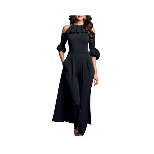 Cotton: Round neck with frill  Dress (Black)