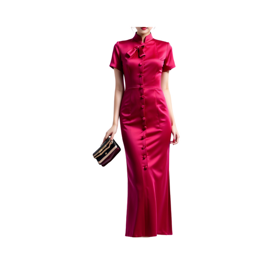 Satin: Zen Lotus dress with classic buttons (Red)