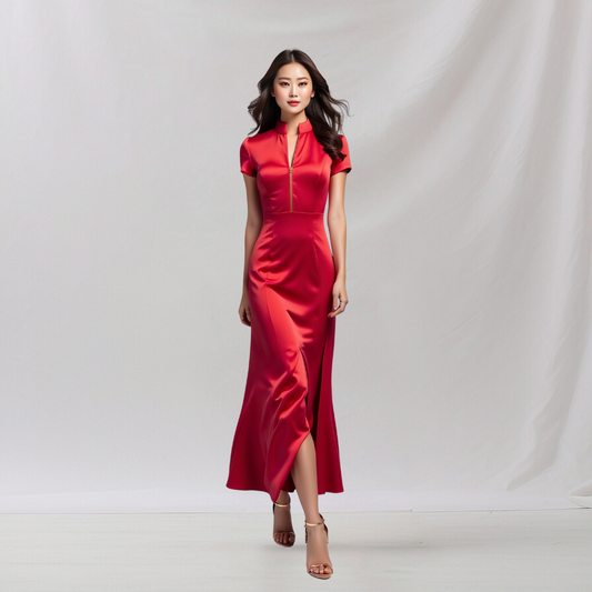 Satin: Ravishing Rose Dress (Red)  , cheongsam inspired dress , house of Supr, made to fit , custom made with your sizes, zero waste sustainable initiative