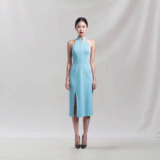 Satin: Aqua Dream Dress (Aqua blue)   , cheongsam inspired dress , house of Supr, made to fit , custom made with your sizes, zero waste sustainable initiative