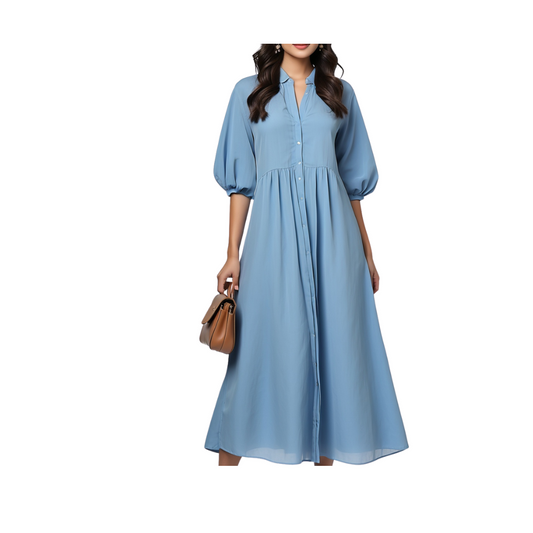 Cotton Voil: Polished Office Dress (Blue)