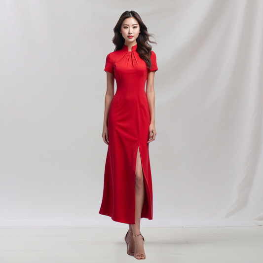 Satin: Cosmopolitan Blossom Dress (Red)  , cheongsam inspired dress , house of Supr, made to fit , custom made with your sizes, zero waste sustainable initiative