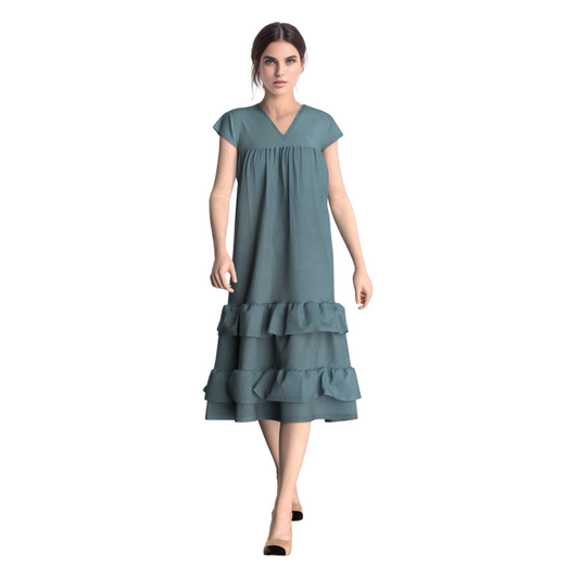 Rayon long dress with frills, Teal coloured, House of supr made to fit