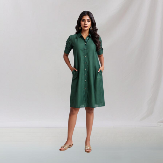 Cotton: Casual Elegance Collared Dress (Dark Green) House of supr offers made to measure service. Give your measurements and get dress made as per your size, Sustainable zero waste fashion