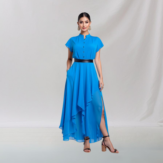 Cotton: Smart Casual Frill Dress (Blue) House of supr offers made to measure service. Give your measurements and get dress made as per your size, Sustainable zero waste fashion