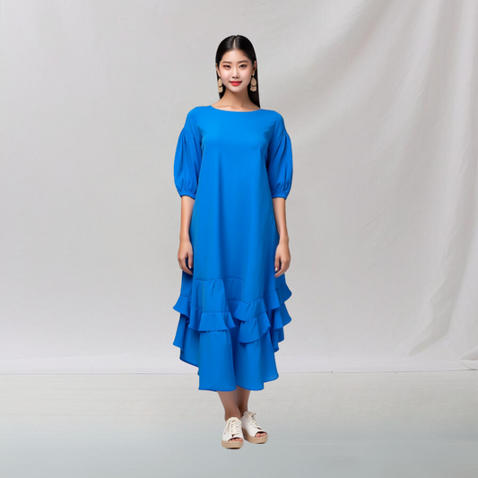 Cotton: Graceful Layered Dress (Blue) House of supr offers made to measure service. Give your measurements and get dress made as per your size, Sustainable zero waste fashion