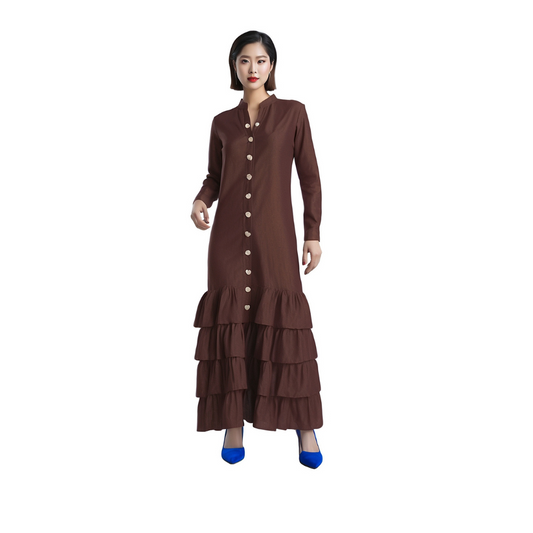 Silhouette with button-front with frill edge can be worn in office party. Looks semi-formal and pleasing..
