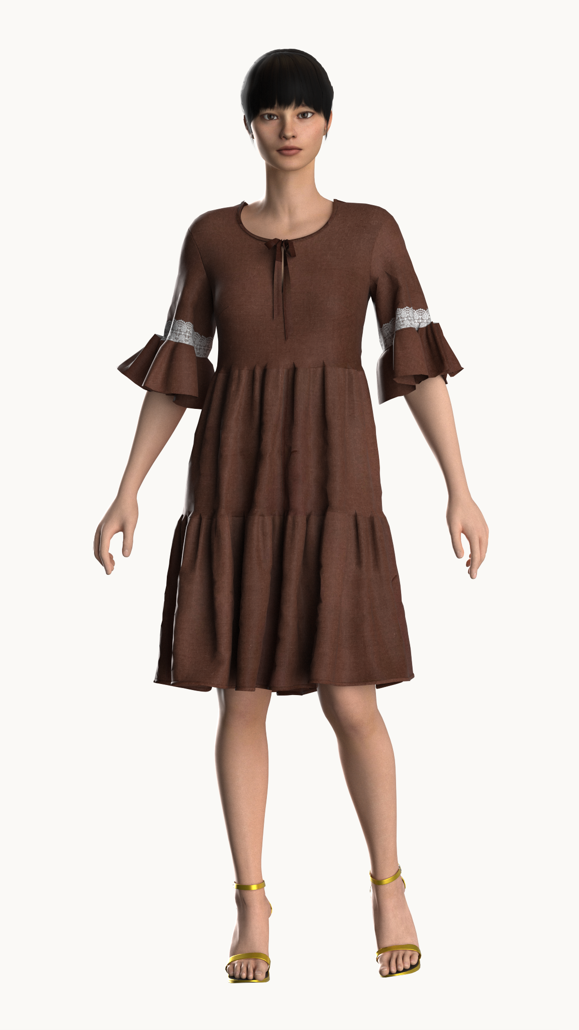 Tiered ruched dress with ruffle sleeve hem