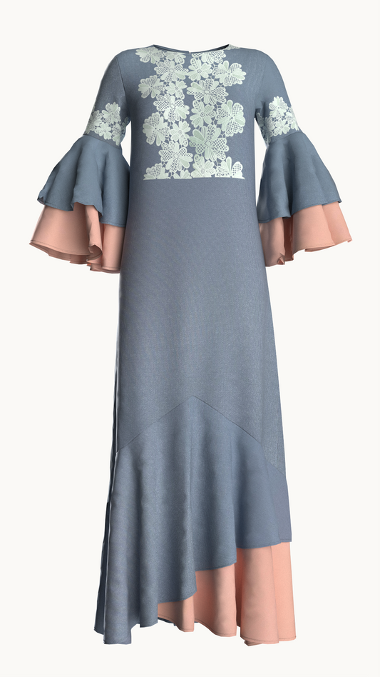 Easy-to-go maxi dress with ruffle sleeve and layer at hem. Carry a sling and ready to go dress.