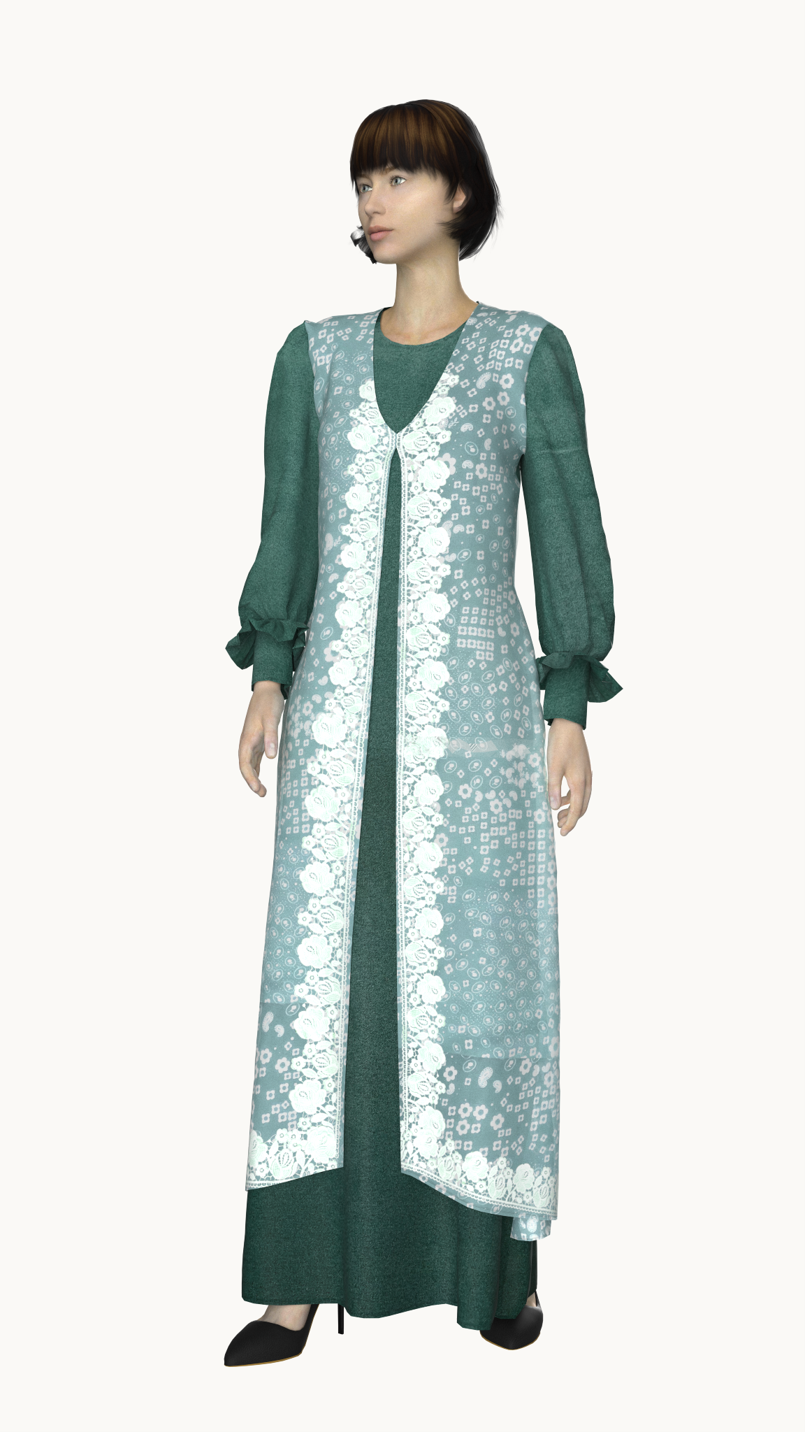 Coat style layered lace dress (Deep sea green)