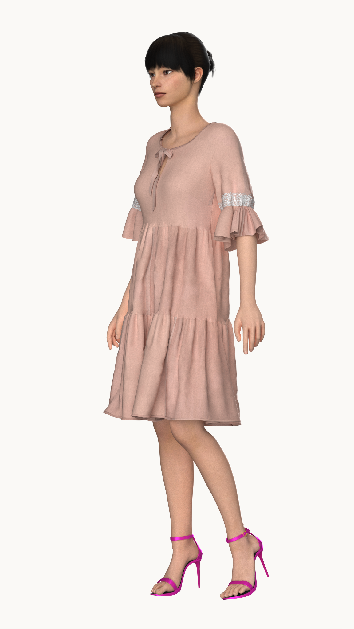 Tiered ruched dress with ruffle sleeve hem (Brown)