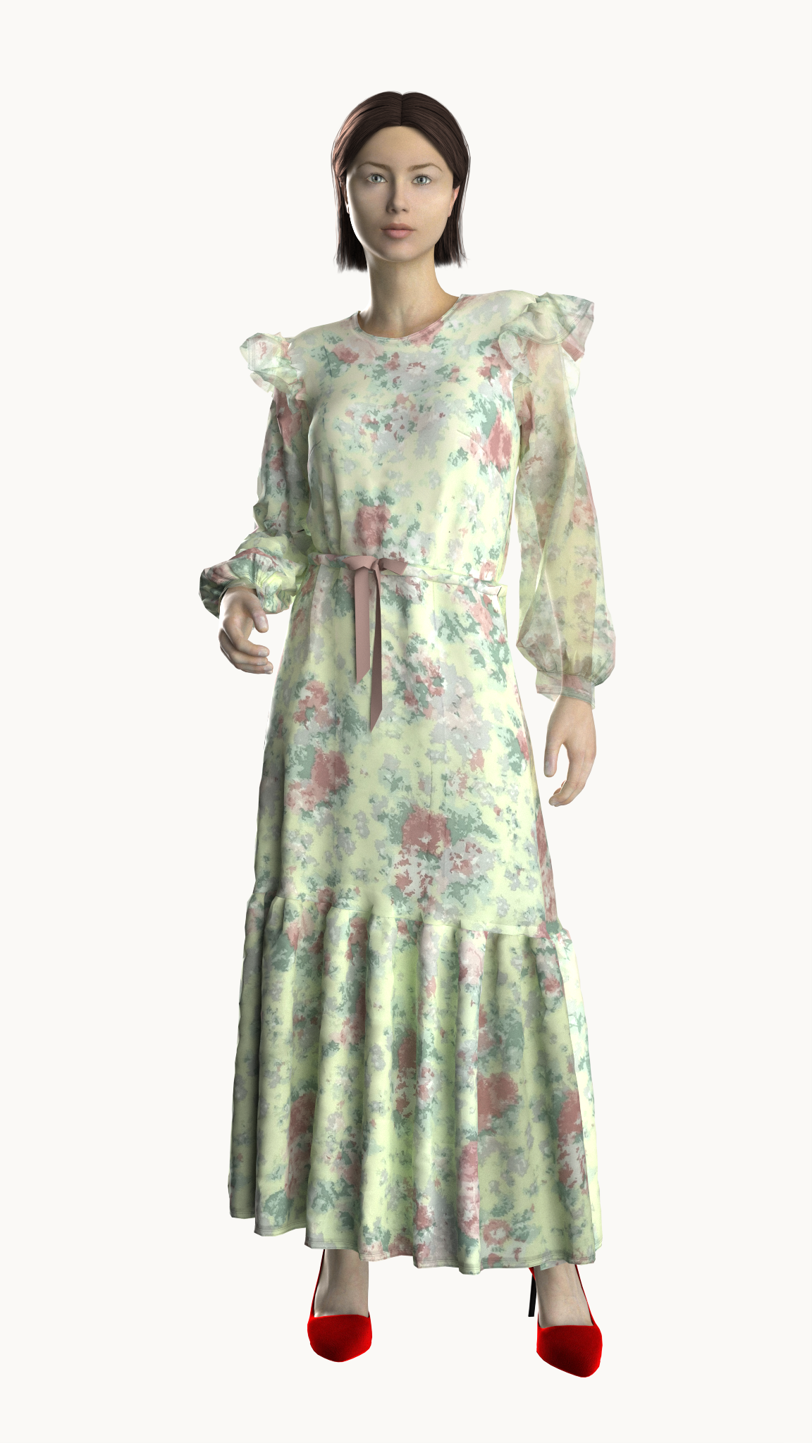 Printed to perfection, this so gorgeous maxi dress is featured in a femme, floral design with ruffle detailing, exaggerated sleeves with belted waist band.